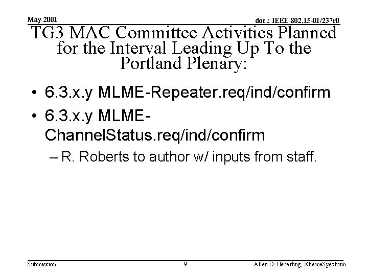 May 2001 doc. : IEEE 802. 15 -01/237 r 0 TG 3 MAC Committee