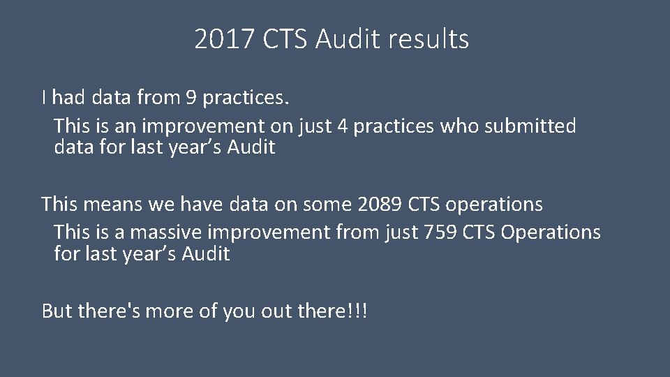 2017 CTS Audit results I had data from 9 practices. This is an improvement 2017 CTS Audit results I had data from 9 practices. This is an improvement