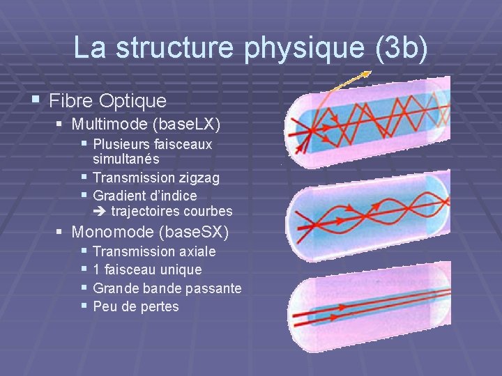 La structure physique (3 b) § Fibre Optique § Multimode (base. LX) § Plusieurs