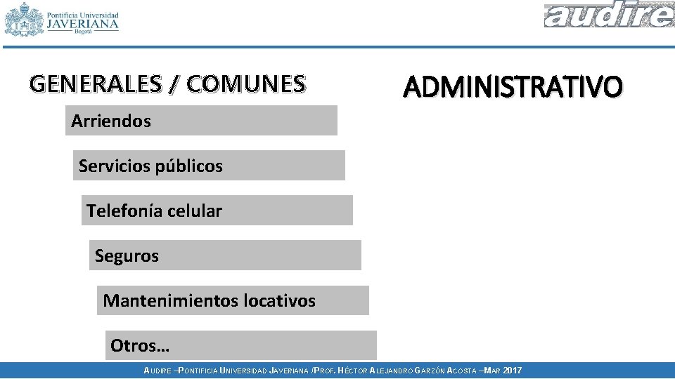 GENERALES / COMUNES ADMINISTRATIVO Arriendos Servicios públicos Telefonía celular Seguros Mantenimientos locativos Otros… AUDIRE GENERALES / COMUNES ADMINISTRATIVO Arriendos Servicios públicos Telefonía celular Seguros Mantenimientos locativos Otros… AUDIRE