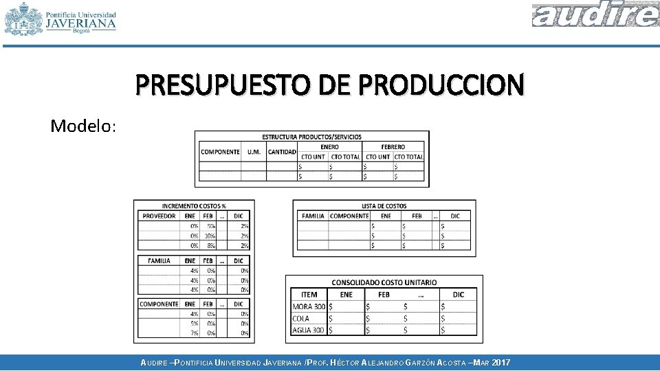 PRESUPUESTO DE PRODUCCION Modelo: AUDIRE – PONTIFICIA UNIVERSIDAD JAVERIANA / PROF. HÉCTOR ALEJANDRO GARZÓN PRESUPUESTO DE PRODUCCION Modelo: AUDIRE – PONTIFICIA UNIVERSIDAD JAVERIANA / PROF. HÉCTOR ALEJANDRO GARZÓN
