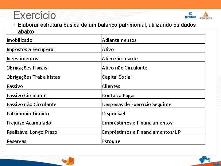 Exercício • Elaborar estrutura básica de um balanço patrimonial, utilizando os dados abaixo: Imobilizado