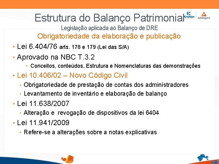 Estrutura do Balanço Patrimonial Legislação aplicada ao Balanço de DRE Obrigatoriedade da elaboração e