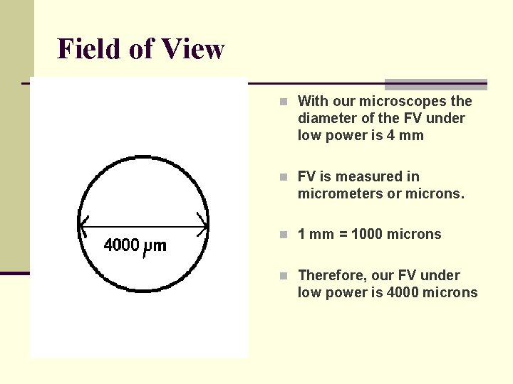 Field of View n With our microscopes the diameter of the FV under low