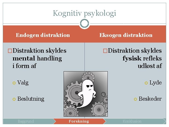 Kognitiv psykologi Endogen distraktion �Distraktion skyldes fysisk refleks udløst af mental handling i form