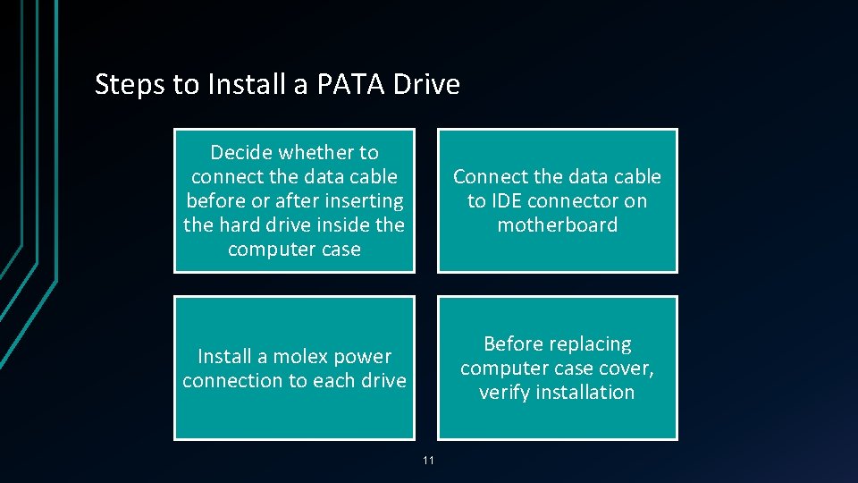 Steps to Install a PATA Drive Decide whether to connect the data cable before Steps to Install a PATA Drive Decide whether to connect the data cable before