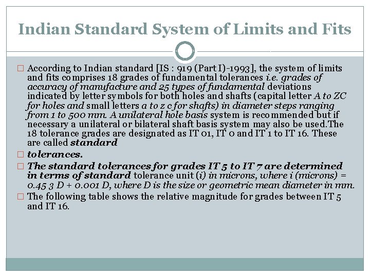 Indian Standard System of Limits and Fits � According to Indian standard [IS :
