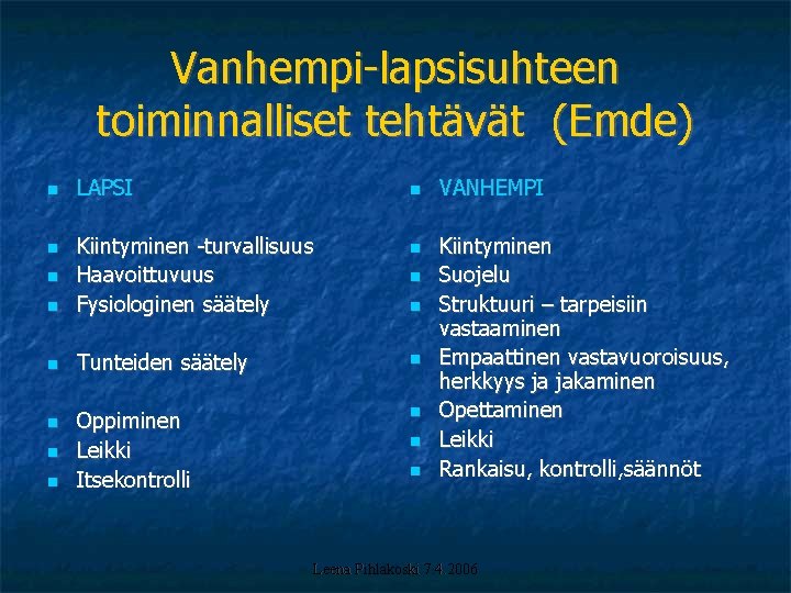 Vanhempi-lapsisuhteen toiminnalliset tehtävät (Emde) LAPSI Kiintyminen -turvallisuus Haavoittuvuus Fysiologinen säätely Tunteiden säätely Oppiminen Leikki