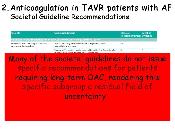 2. Anticoagulation in TAVR patients with AF Societal Guideline Recommendations Many of the societal