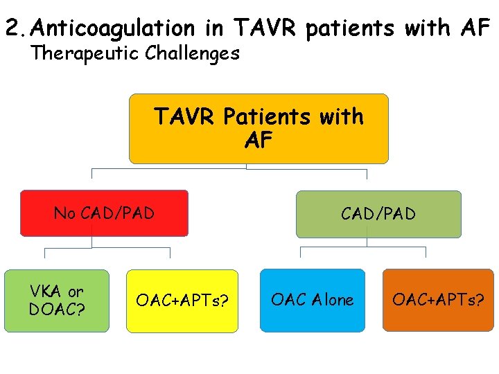2. Anticoagulation in TAVR patients with AF Therapeutic Challenges TAVR Patients with AF No