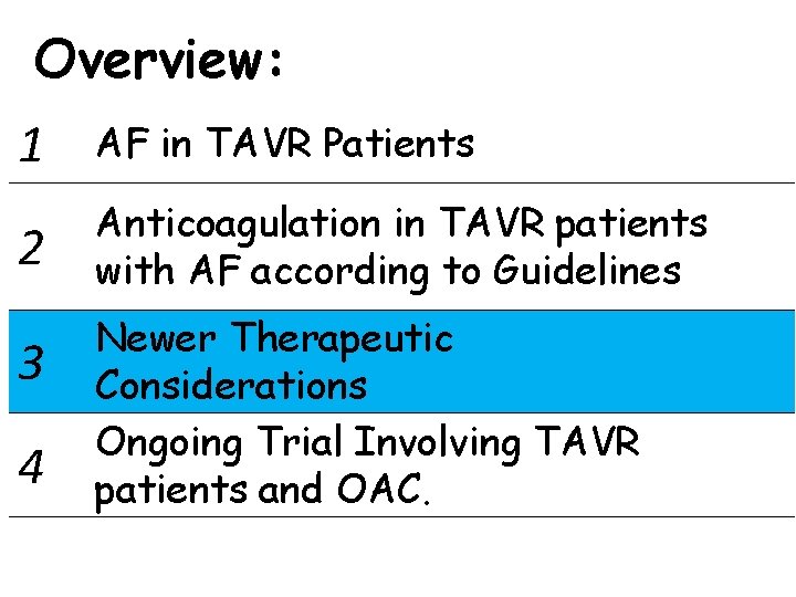 Overview: 1 AF in TAVR Patients 2 Anticoagulation in TAVR patients with AF according
