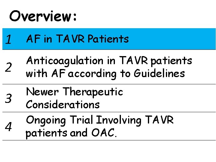 Overview: 1 AF in TAVR Patients 2 Anticoagulation in TAVR patients with AF according