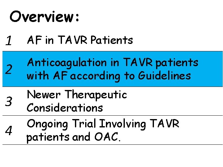 Overview: 1 AF in TAVR Patients 2 Anticoagulation in TAVR patients with AF according