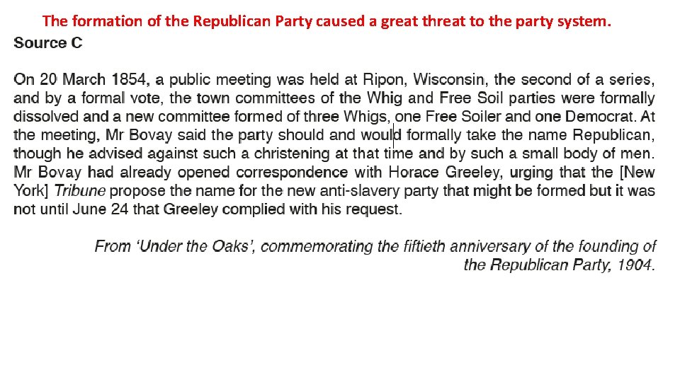 The formation of the Republican Party caused a great threat to the party system.