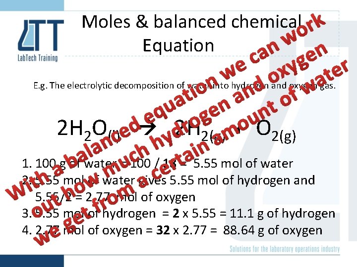 Moles & balanced chemical rk o w Equation n an e c g r