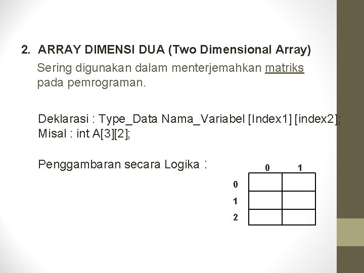 2. ARRAY DIMENSI DUA (Two Dimensional Array) Sering digunakan dalam menterjemahkan matriks pada pemrograman.