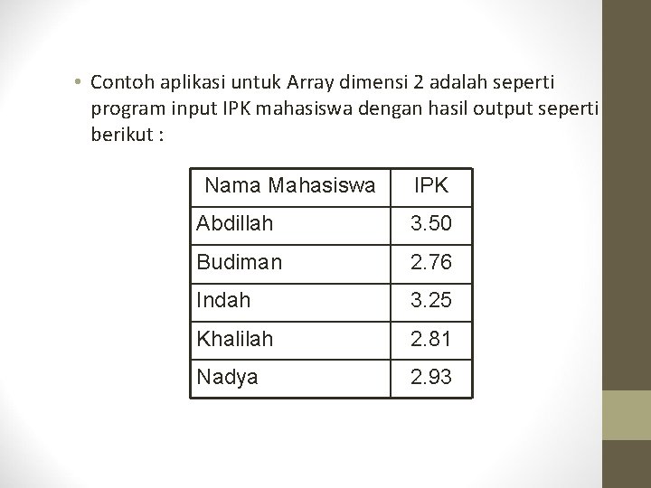  • Contoh aplikasi untuk Array dimensi 2 adalah seperti program input IPK mahasiswa