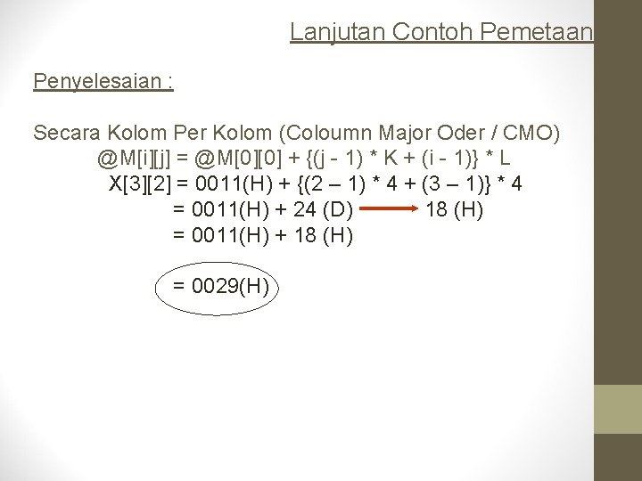 Lanjutan Contoh Pemetaan : Penyelesaian : Secara Kolom Per Kolom (Coloumn Major Oder /