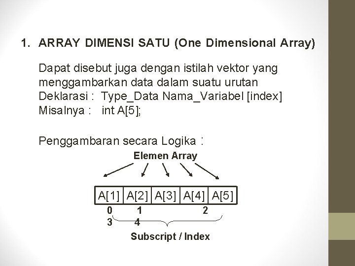 1. ARRAY DIMENSI SATU (One Dimensional Array) Dapat disebut juga dengan istilah vektor yang