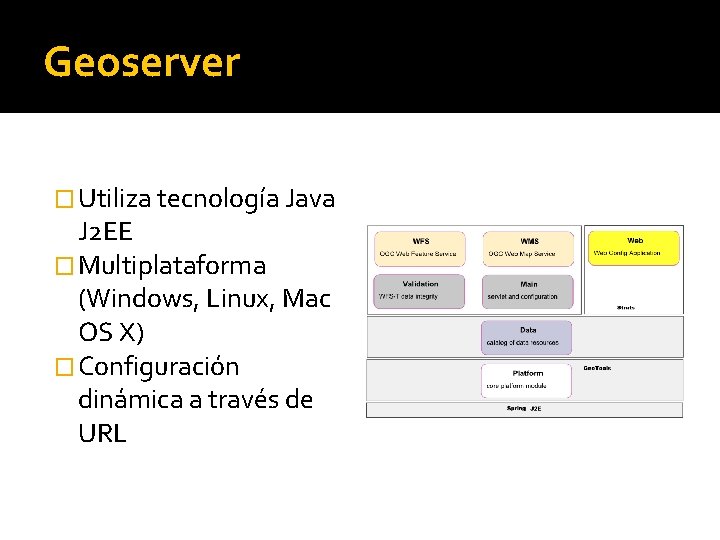 Geoserver � Utiliza tecnología Java J 2 EE � Multiplataforma (Windows, Linux, Mac OS