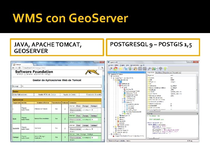 WMS con Geo. Server JAVA, APACHE TOMCAT, GEOSERVER POSTGRESQL 9 – POSTGIS 1, 5