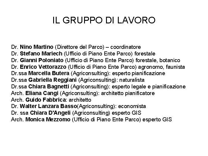 IL GRUPPO DI LAVORO Dr. Nino Martino (Direttore del Parco) – coordinatore Dr. Stefano