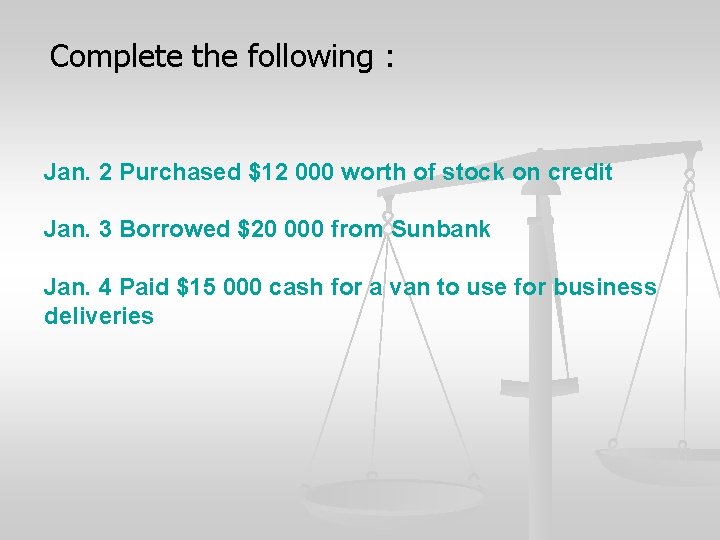 Complete the following : Jan. 2 Purchased $12 000 worth of stock on credit