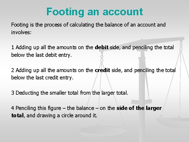 Footing an account Footing is the process of calculating the balance of an account