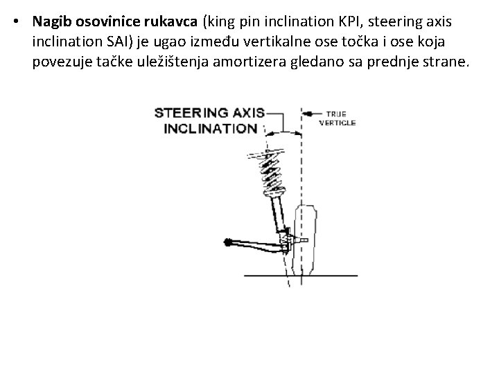 • Nagib osovinice rukavca (king pin inclination KPI, steering axis inclination SAI) je • Nagib osovinice rukavca (king pin inclination KPI, steering axis inclination SAI) je