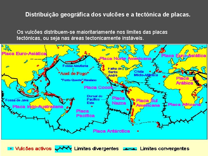 Distribuição geográfica dos vulcões e a tectónica de placas. Os vulcões distribuem-se maioritariamente nos