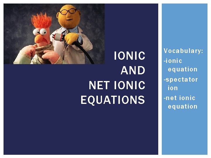 IONIC AND NET IONIC EQUATIONS Vocabulary: -ionic equation -spectator ion -net ionic equation 