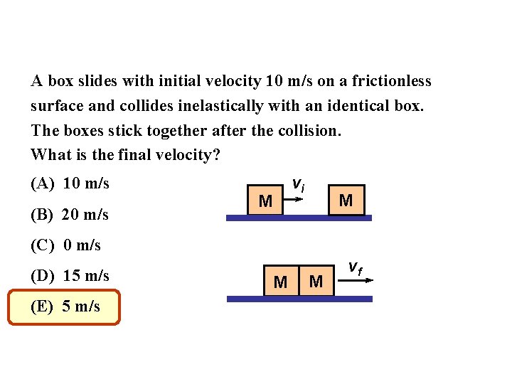 A box slides with initial velocity 10 m/s on a frictionless surface and collides