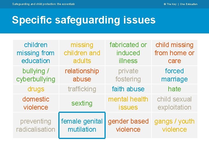 Safeguarding and child protection: the essentials © The Key | One Education Specific safeguarding