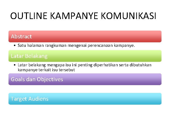 OUTLINE KAMPANYE KOMUNIKASI Abstract • Satu halaman rangkuman mengenai perencanaan kampanye. Latar Belakang •