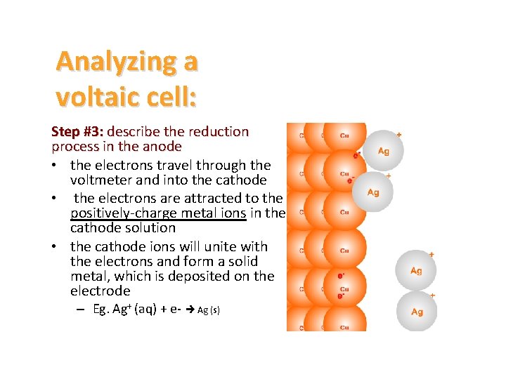 Analyzing a voltaic cell: Step #3: describe the reduction process in the anode •