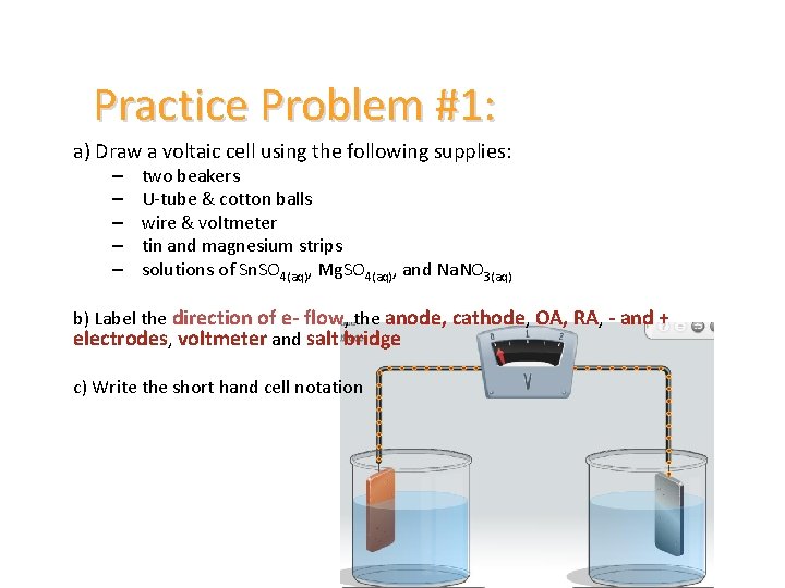 Practice Problem #1: a) Draw a voltaic cell using the following supplies: – –