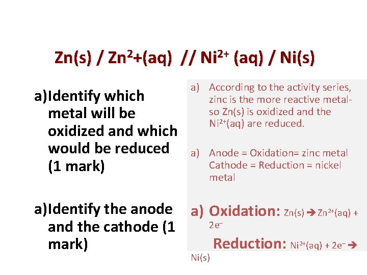 Zn(s) / Zn 2+(aq) // Ni 2+ (aq) / Ni(s) a)Identify which metal will