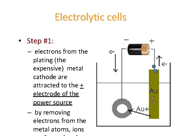 Electrolytic cells • Step #1: – electrons from the plating (the expensive) metal cathode