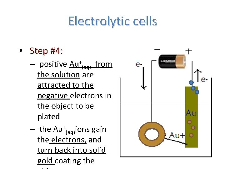 Electrolytic cells • Step #4: – positive Au+(aq) from the solution are attracted to