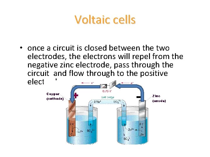 Voltaic cells • once a circuit is closed between the two electrodes, the electrons