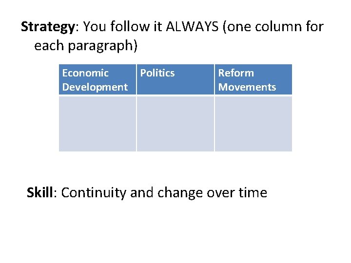 Strategy: You follow it ALWAYS (one column for each paragraph) Economic Development Politics Reform Strategy: You follow it ALWAYS (one column for each paragraph) Economic Development Politics Reform