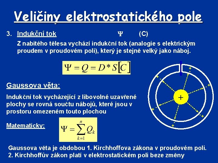 Veličiny elektrostatického pole 3. Indukční tok (C) Z nabitého tělesa vychází indukční tok (analogie