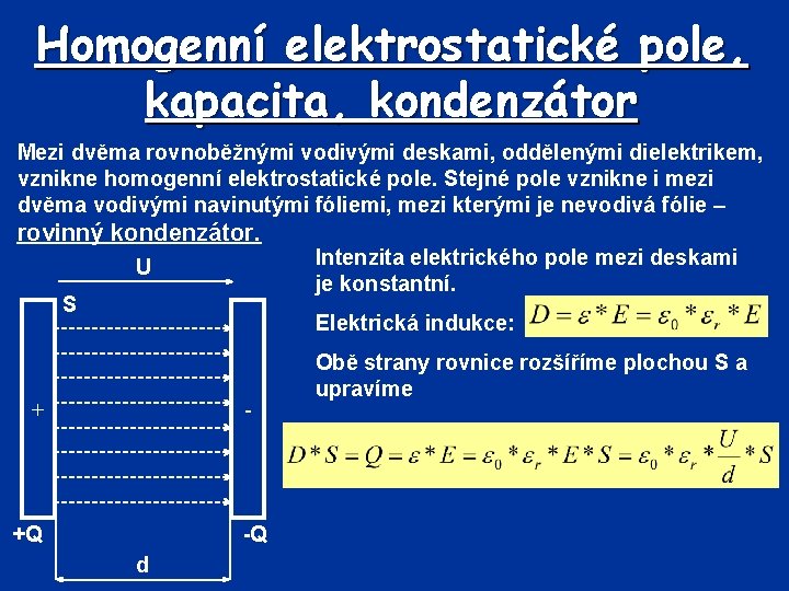 Homogenní elektrostatické pole, kapacita, kondenzátor Mezi dvěma rovnoběžnými vodivými deskami, oddělenými dielektrikem, vznikne homogenní