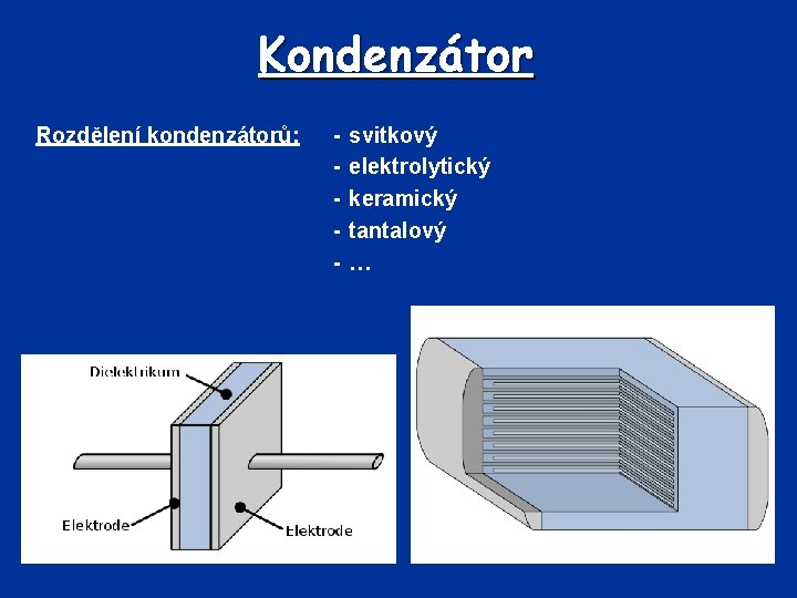 Kondenzátor Rozdělení kondenzátorů: - svitkový elektrolytický keramický tantalový … 