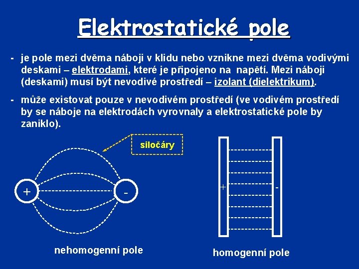 Elektrostatické pole - je pole mezi dvěma náboji v klidu nebo vznikne mezi dvěma
