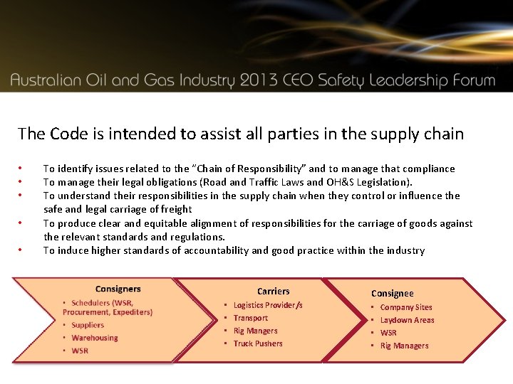The Code is intended to assist all parties in the supply chain • •