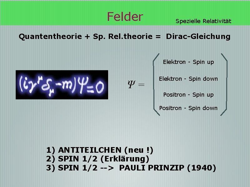 Felder Spezielle Relativität Quantentheorie + Sp. Rel. theorie = Dirac-Gleichung Elektron - Spin up