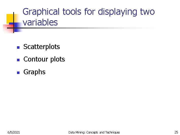 Graphical tools for displaying two variables n Scatterplots n Contour plots n Graphs 6/5/2021