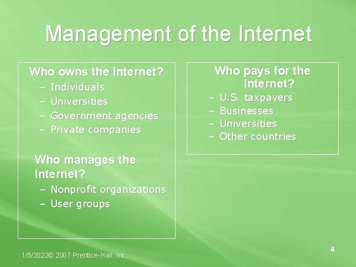 Management of the Internet Who owns the Internet? – – Individuals Universities Government agencies