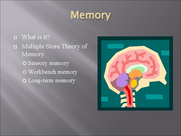Memory What is it? Multiple Store Theory of Memory Sensory memory Workbench memory Long-term